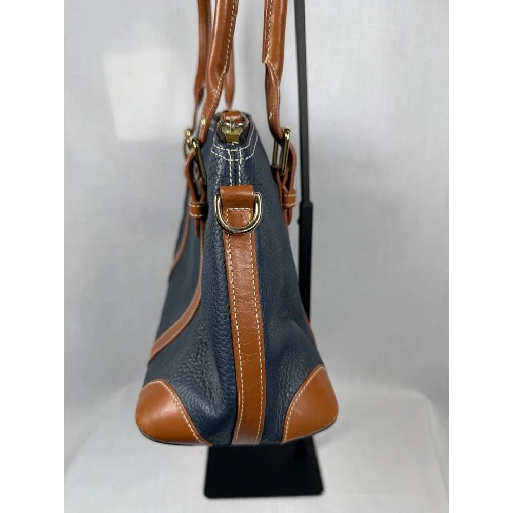Dooney‎ & Bourke Pebbled Leather Domed Satchel Navy Tan Zip Shoulder Bag Luxury